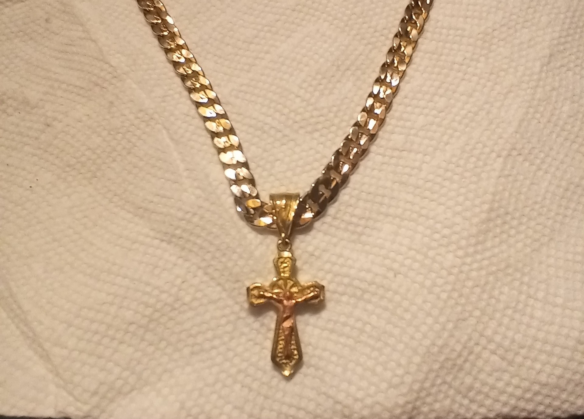 18-Inch Hamilton Gold Plated Necklace with 6mm Emerald Birthstone Beads and Gold Filled Loop Cross Charm. 